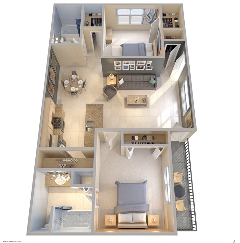 Floor plan for 2 beds, 2 baths, 1000 sqft